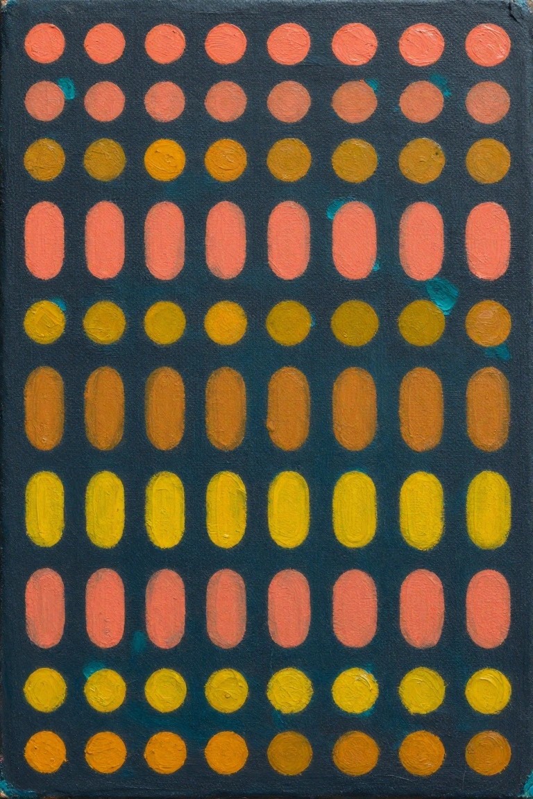 Rows of orange and yellow circles and ovals on dark blue background