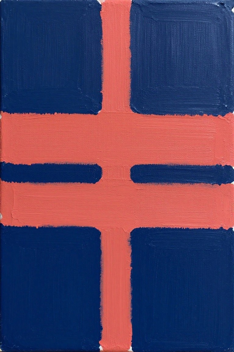 Abstract painting of red cross on navy blue with two central blue bars