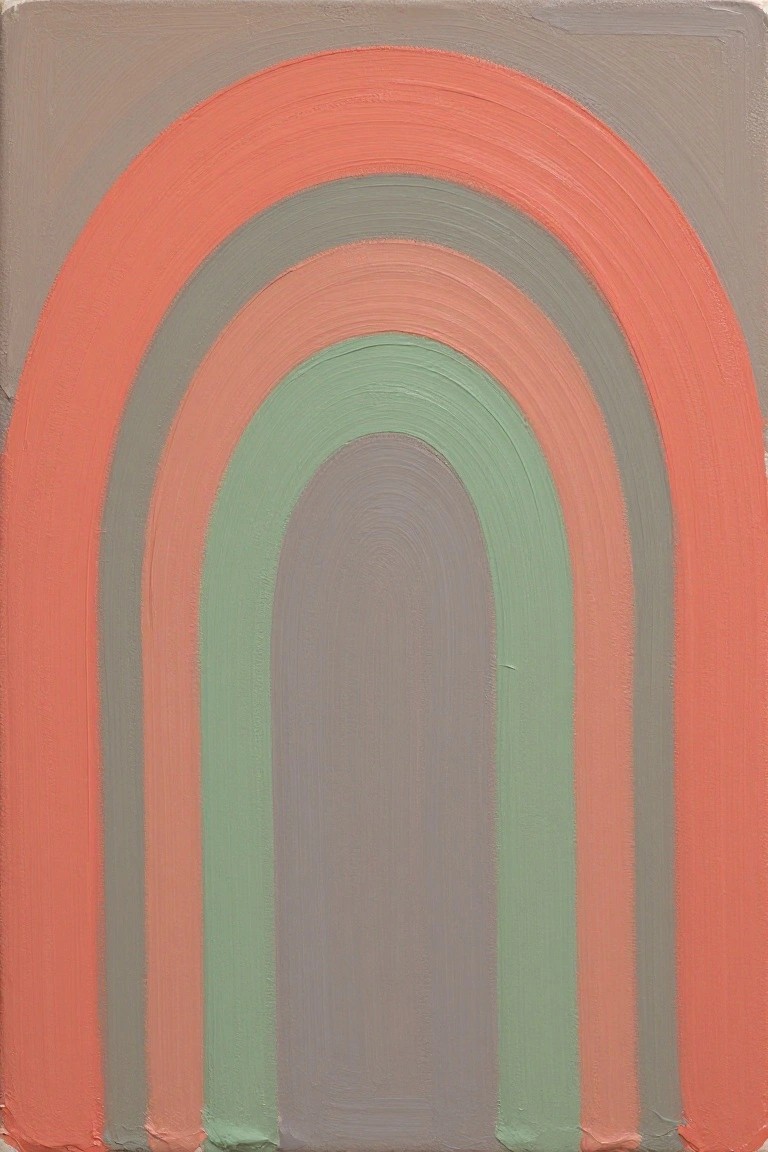 Abstract painting of concentric arches in coral, green, and gray tones.