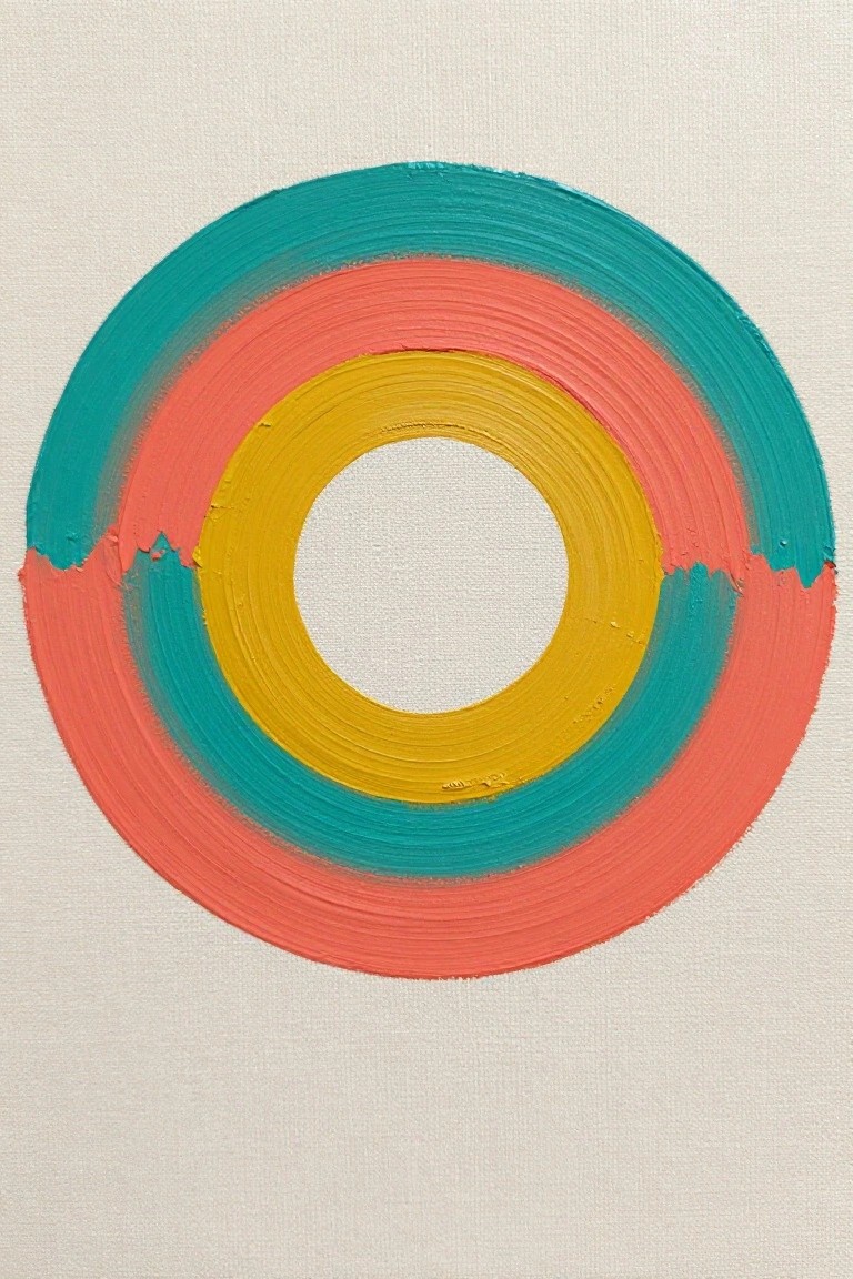 Concentric circles in teal, coral, and yellow with thick brushstrokes.