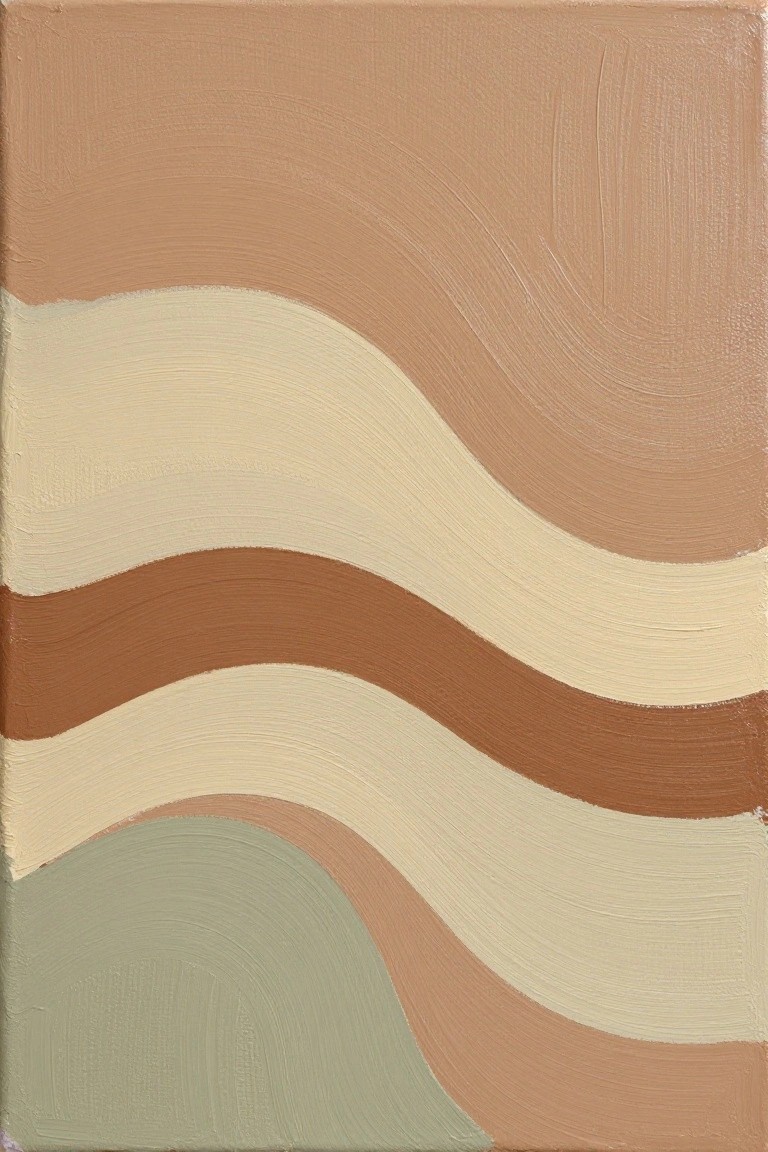 Abstract painting of wavy horizontal stripes in beige, brown, and sage green.