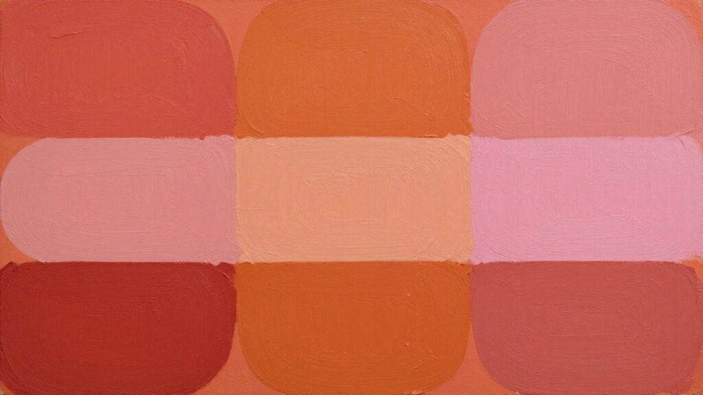 Abstract painting of overlapping rounded shapes in pink, orange, and yellow.