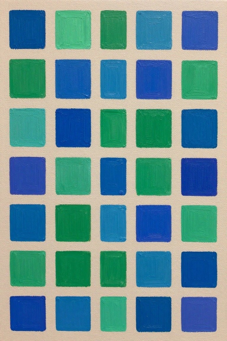 Grid of blue and green painted squares on beige background.
