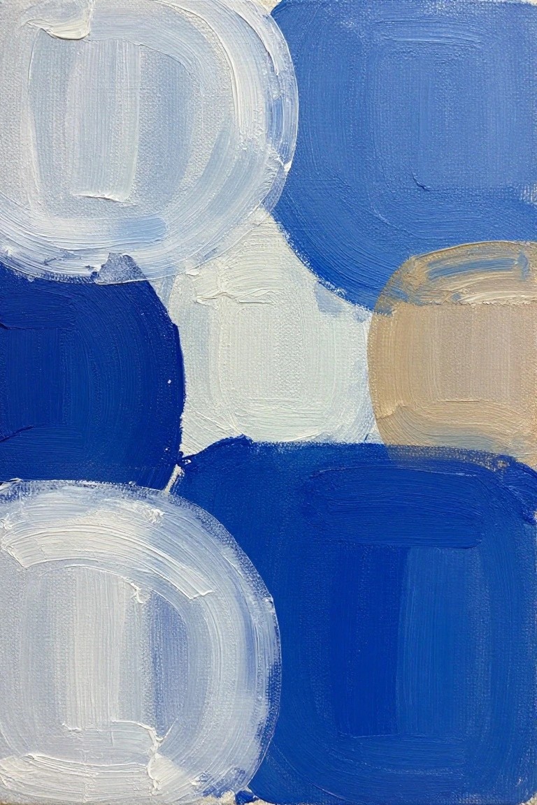 An abstract acrylic painting with overlapping circles and rounded shapes in shades of blue, white, and one small beige area.