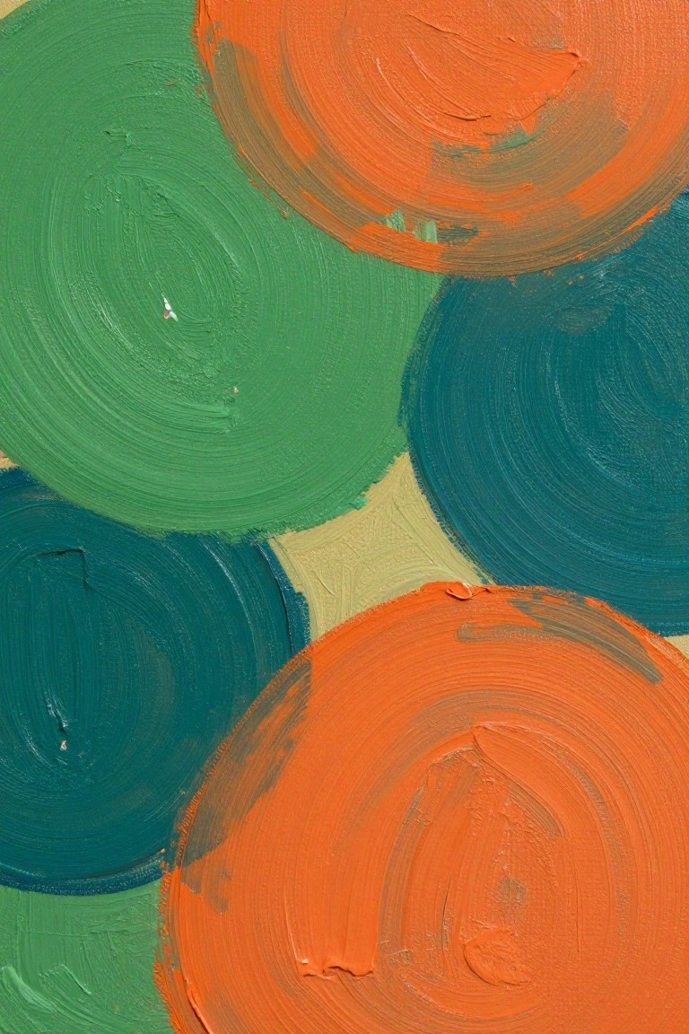 Abstract painting of overlapping green, orange, and teal circles with thick brushstrokes.