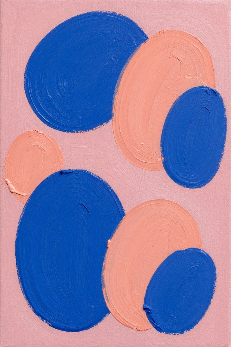 Abstract painting of overlapping blue and peach circles on pink background