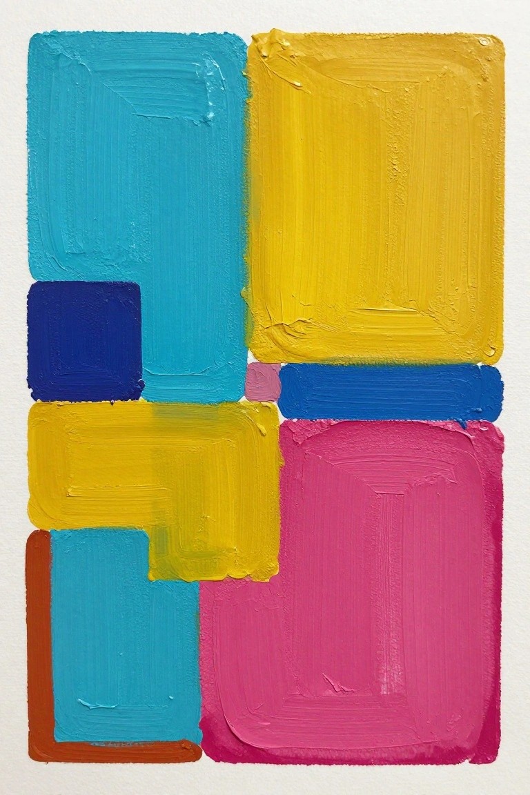 Abstract painting with thick brushstrokes of blue, yellow, pink, and cyan rectangles.