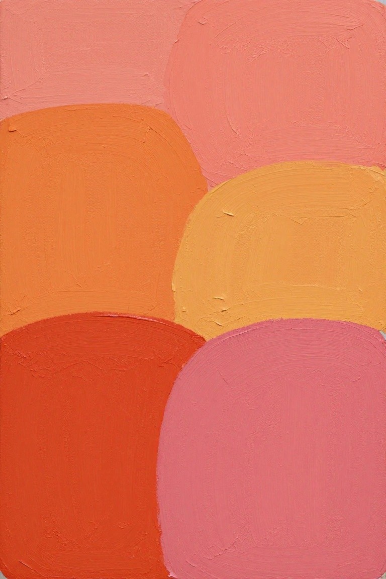 Abstract painting of overlapping rounded shapes in pink, orange, and yellow.