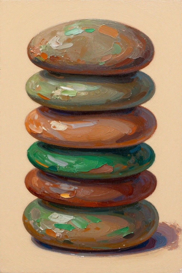 Stacked colorful oval stones in brown, green, and orange with textured brushstrokes
