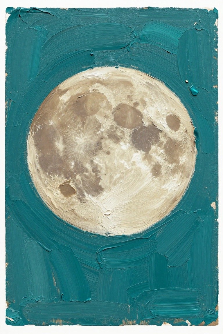 Thickly textured painting of a cratered moon on swirling teal background.