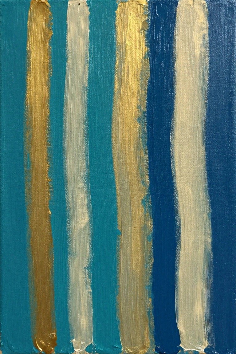 Abstract painting of vertical stripes in blue, teal, gold and white with thick brushstrokes