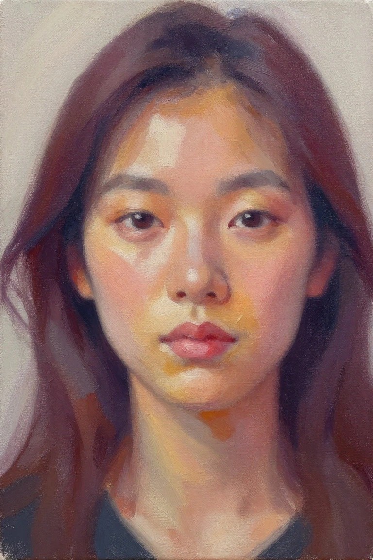 A realistic acrylic portrait of a young East Asian woman with long dark hair and blended skin tones against a light background.