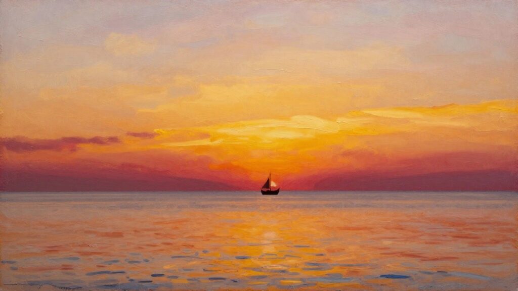 Vibrant painting of sailboat on reflective waters beneath pink-orange sunset sky.