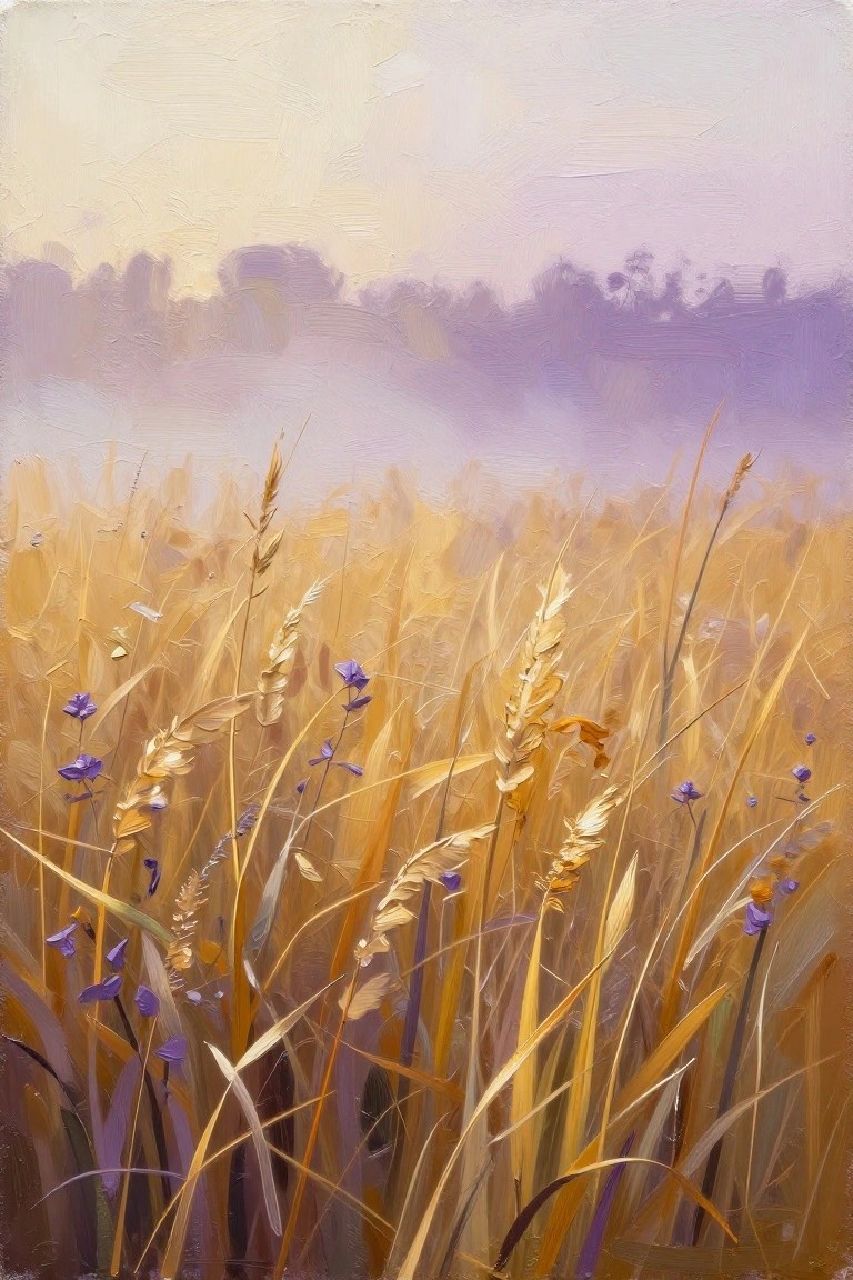 Golden wheat stalks with purple wildflowers in a misty field