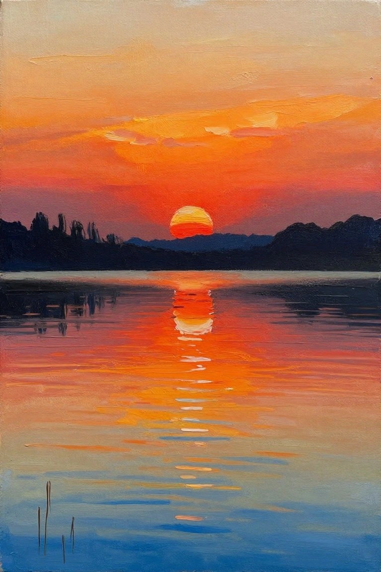 Vibrant sunset painting with orange sun reflecting on calm water amid dark hills.
