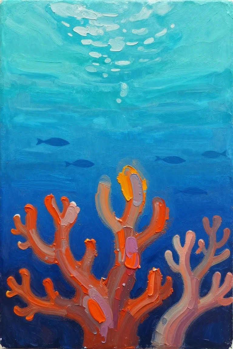 Vibrant impasto painting of orange coral reefs in blue ocean with fish and bubbles