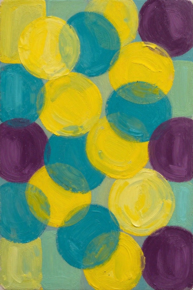 Abstract painting with overlapping yellow, teal, and purple circles on muted background.