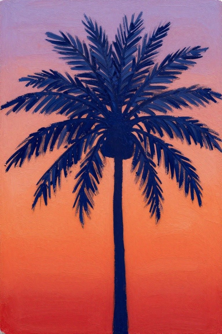 Navy blue palm tree with long fronds against a purple-orange gradient sky