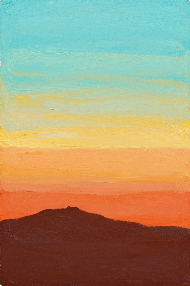 Abstract painting of gradient sunset sky in blue yellow orange over dark mountain silhouette