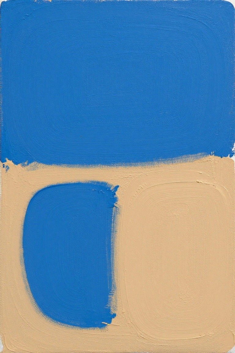 Abstract painting with blue top section over beige bottom with curved blue shape.