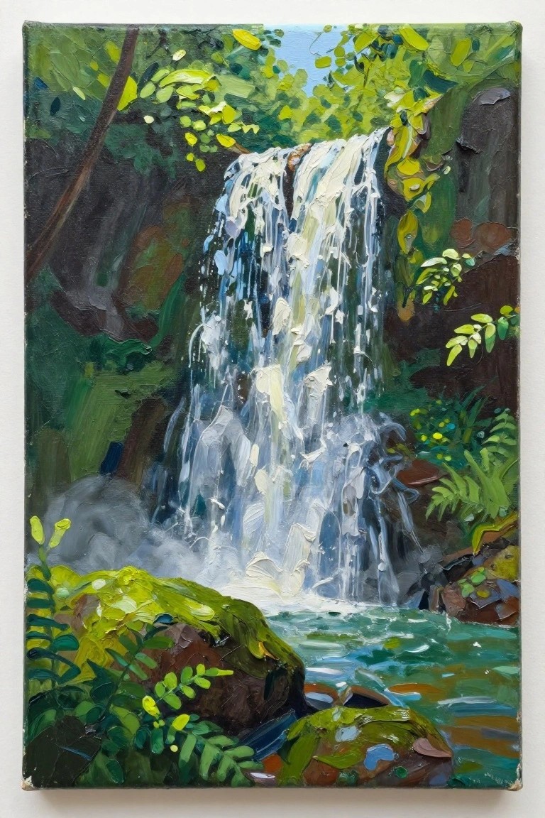 Vibrant oil painting of cascading waterfall amid lush green foliage and rocky pool.