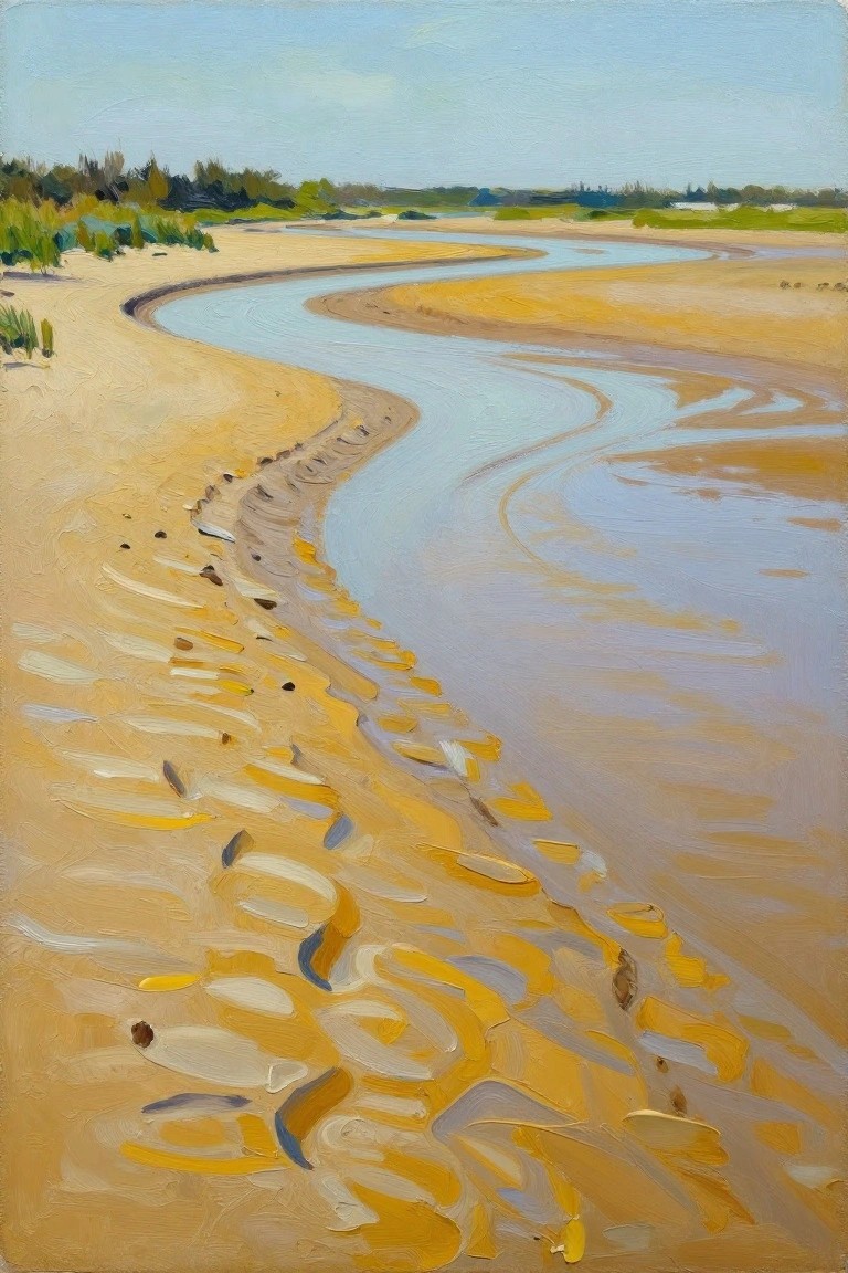 Winding blue river curves through sandy banks with many footprints in foreground
