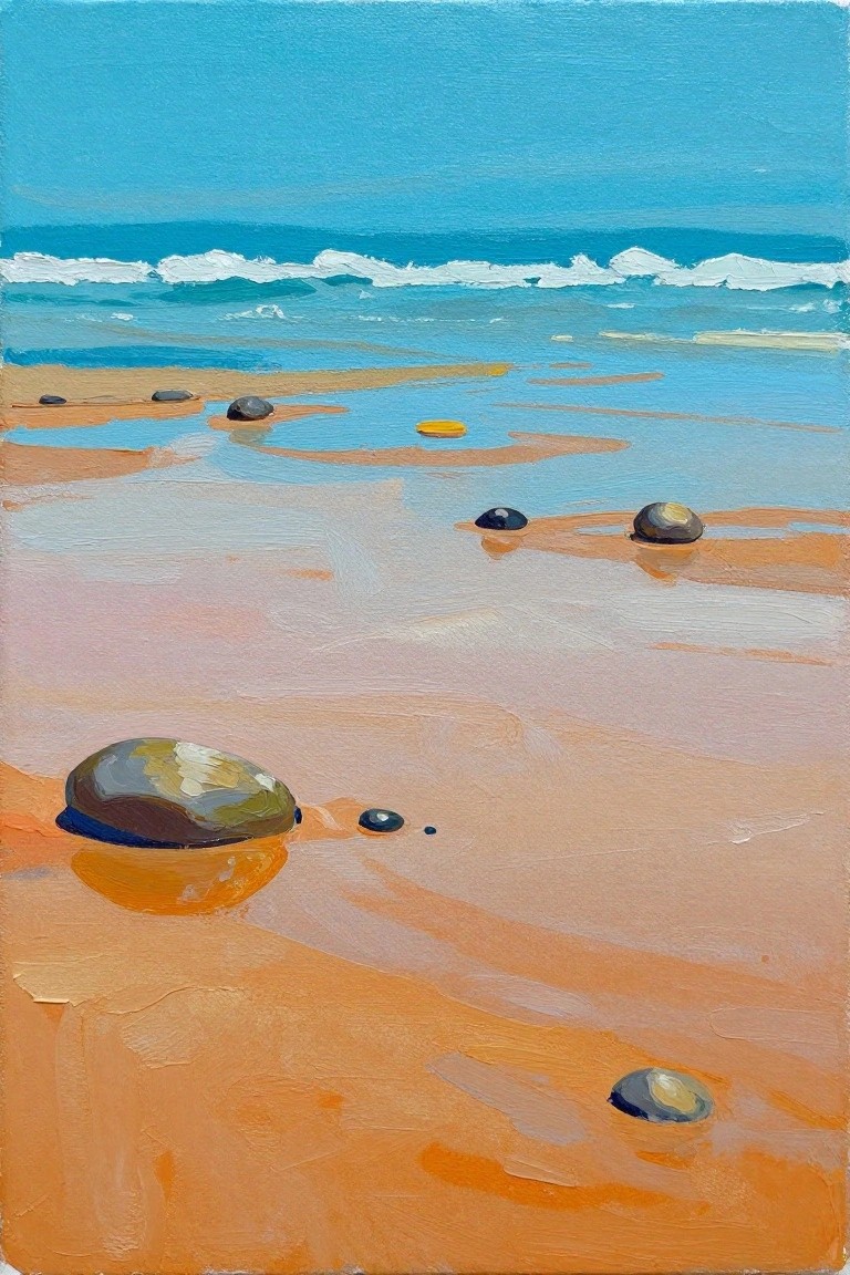 Painterly beach scene with scattered rocks on wet sand and blue ocean waves.