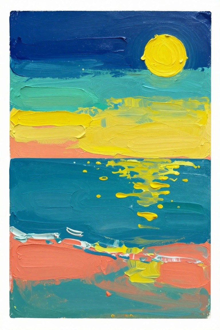 Impasto painting of yellow sun above layered blue green and yellow seascape
