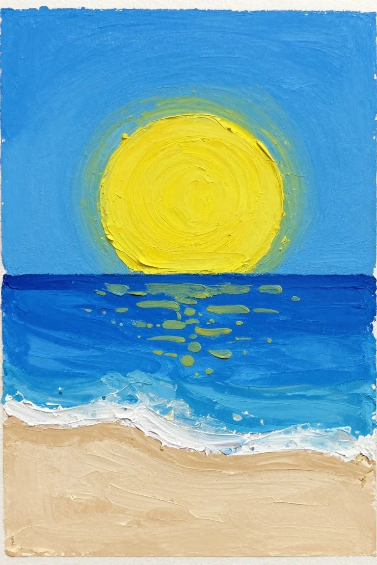 Yellow sun with swirling strokes above blue ocean, white waves, sandy beach