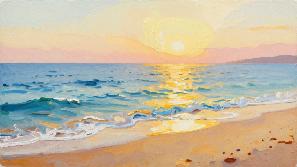Impressionist painting of sunset with golden sun reflecting on blue ocean waves at shore