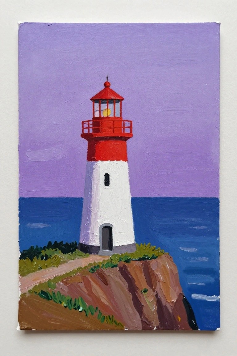 Red and white lighthouse on rocky cliff by blue sea under purple sky