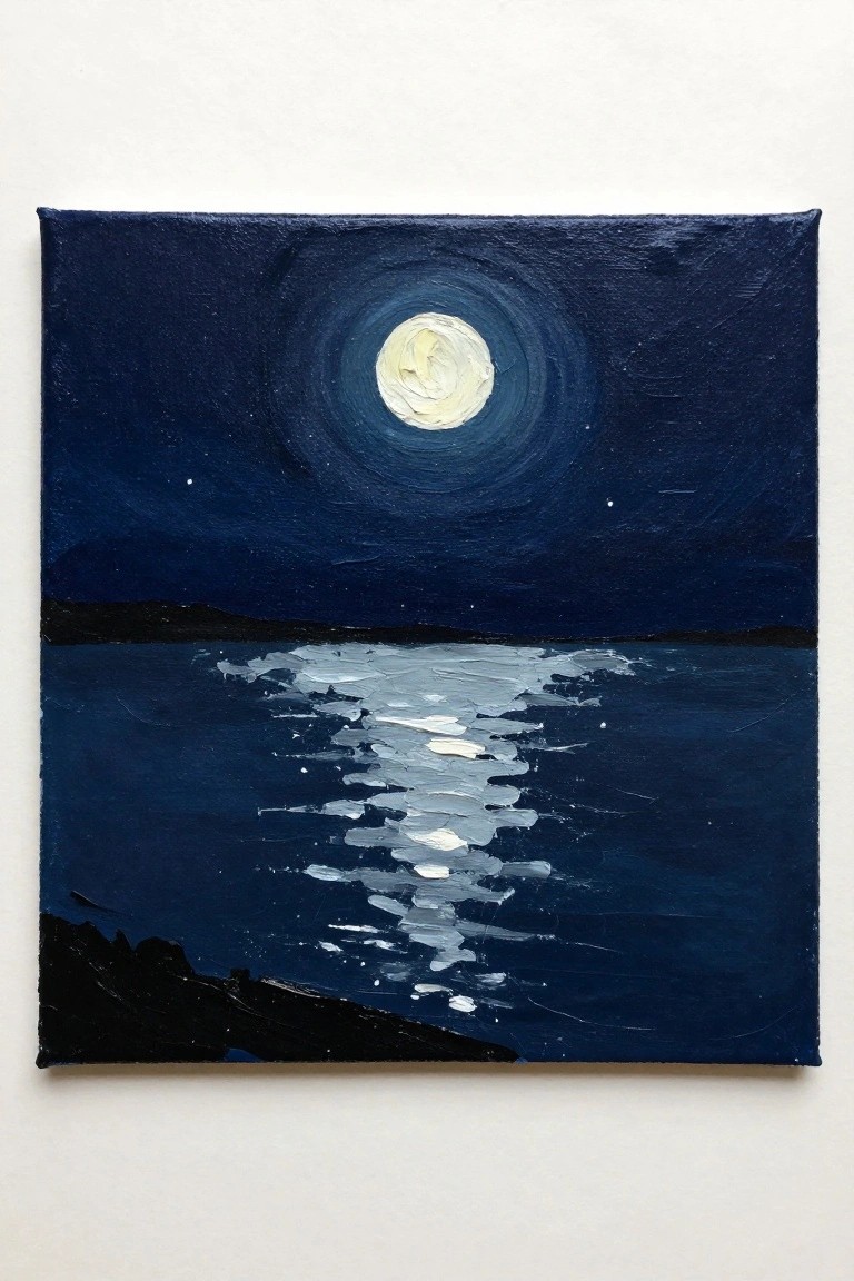 Oil painting of full moon reflecting on dark blue ocean with black landmasses.