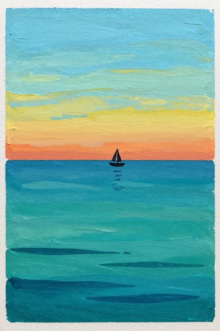 Small black sailboat on calm blue sea under orange and yellow sunset sky