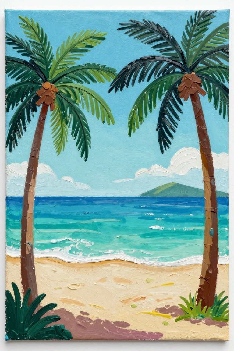 Textured painting of two palm trees on a sandy beach with turquoise ocean and blue sky