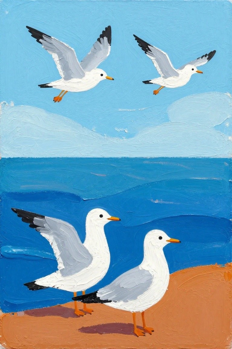Four seagulls with gray wings by blue sea, two flying over beach.