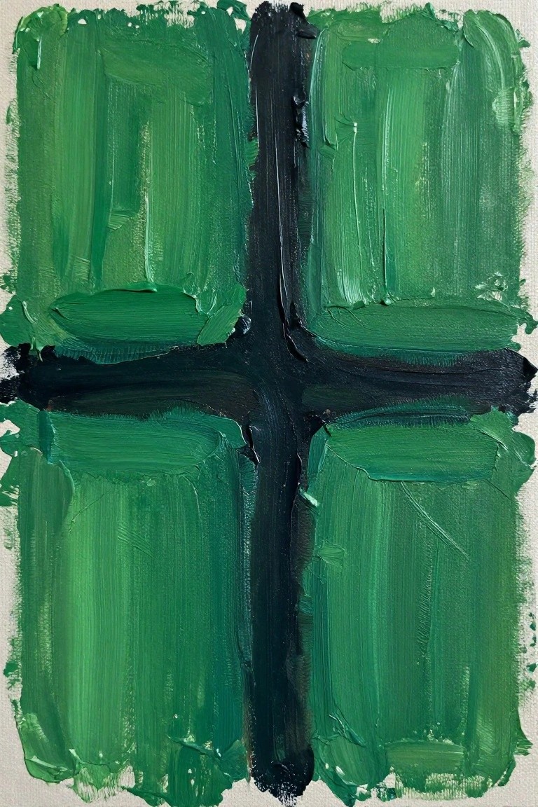 Abstract painting of vibrant green brushstrokes divided by a thick black cross