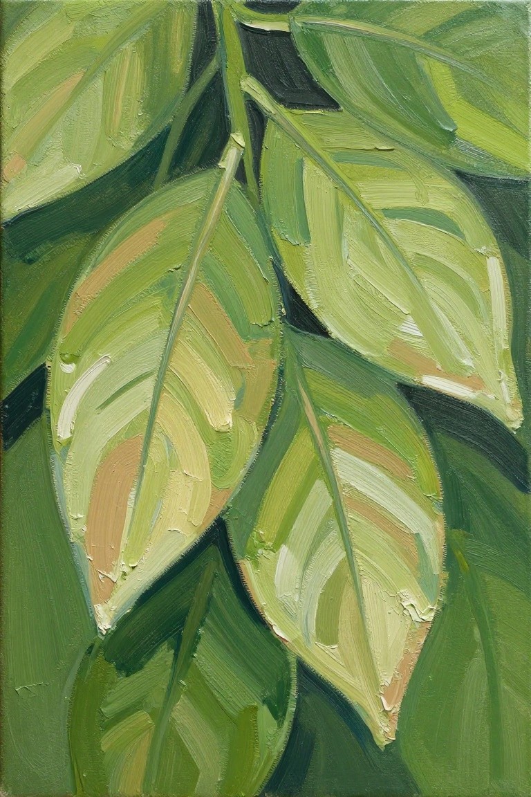Overlapping green leaves in impressionistic oil painting with bold brushstrokes and earthy tones