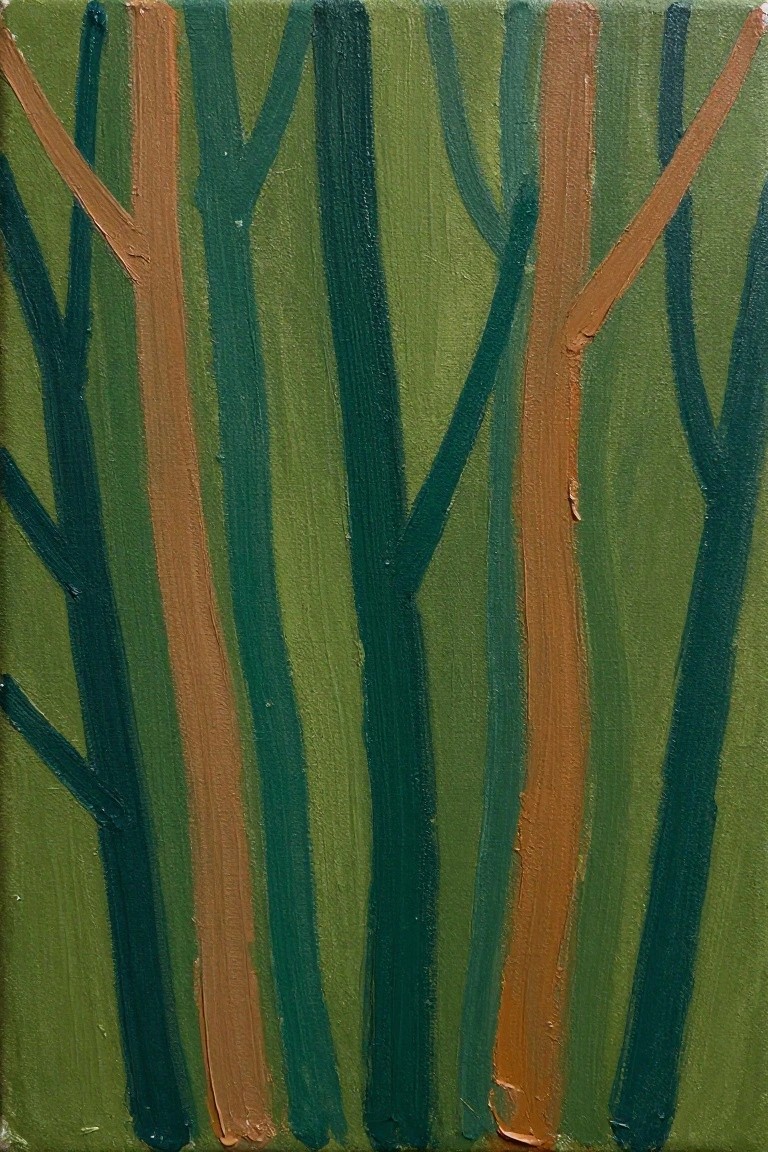 Abstract painting of stylized tree trunks in brown and teal on green background