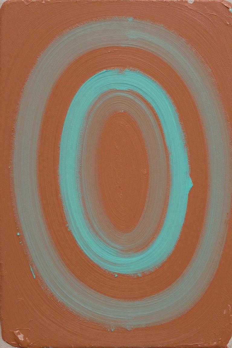 Abstract painting of concentric turquoise ovals on brown background with brushstrokes.