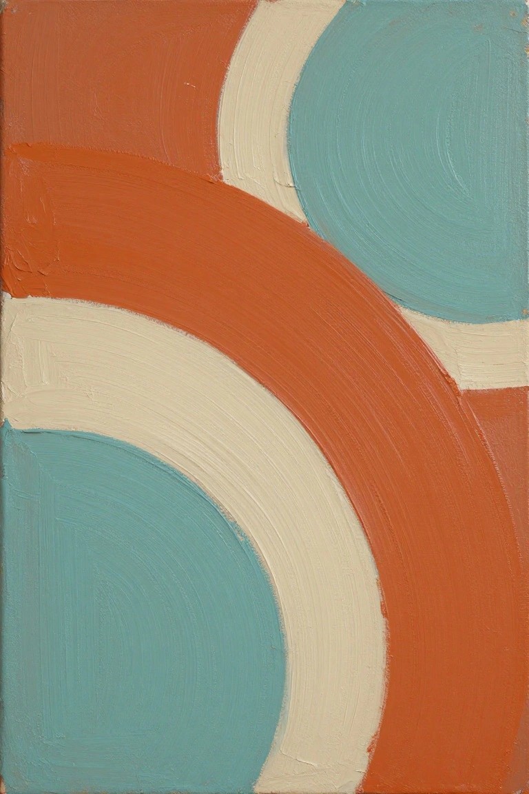 Abstract painting of overlapping orange curves, teal circles, and cream arcs.