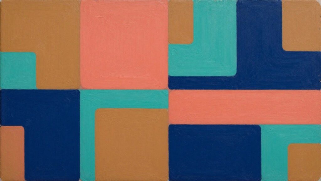 An abstract acrylic painting with overlapping rectangular and L-shaped blocks in orange, teal, coral, brown, and dark blue.