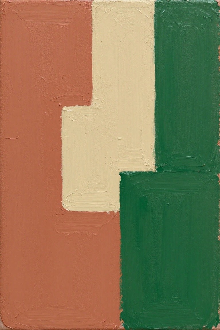Abstract painting of terracotta, cream, and green geometric blocks with visible brushstrokes.