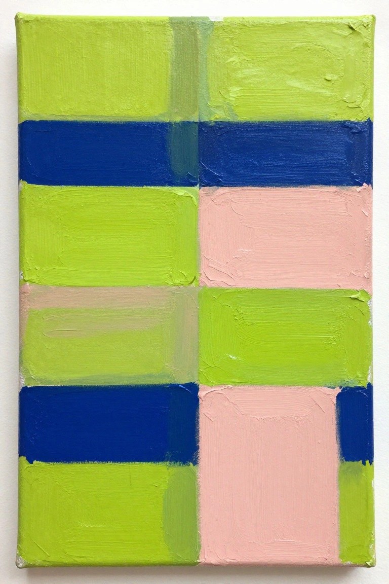 Abstract painting of grid-like lime green, blue, and pink rectangles with thick brushstrokes.