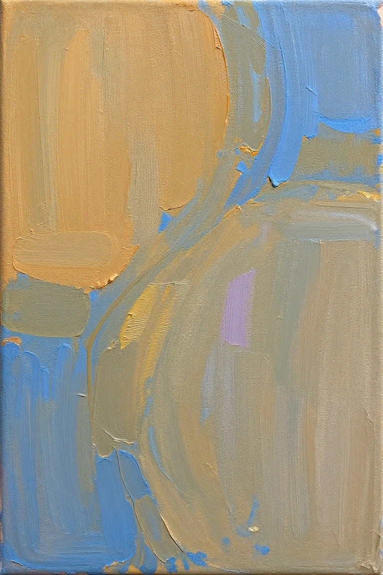 Abstract painting with thick brushstrokes in blue, beige, gray, and gold tones