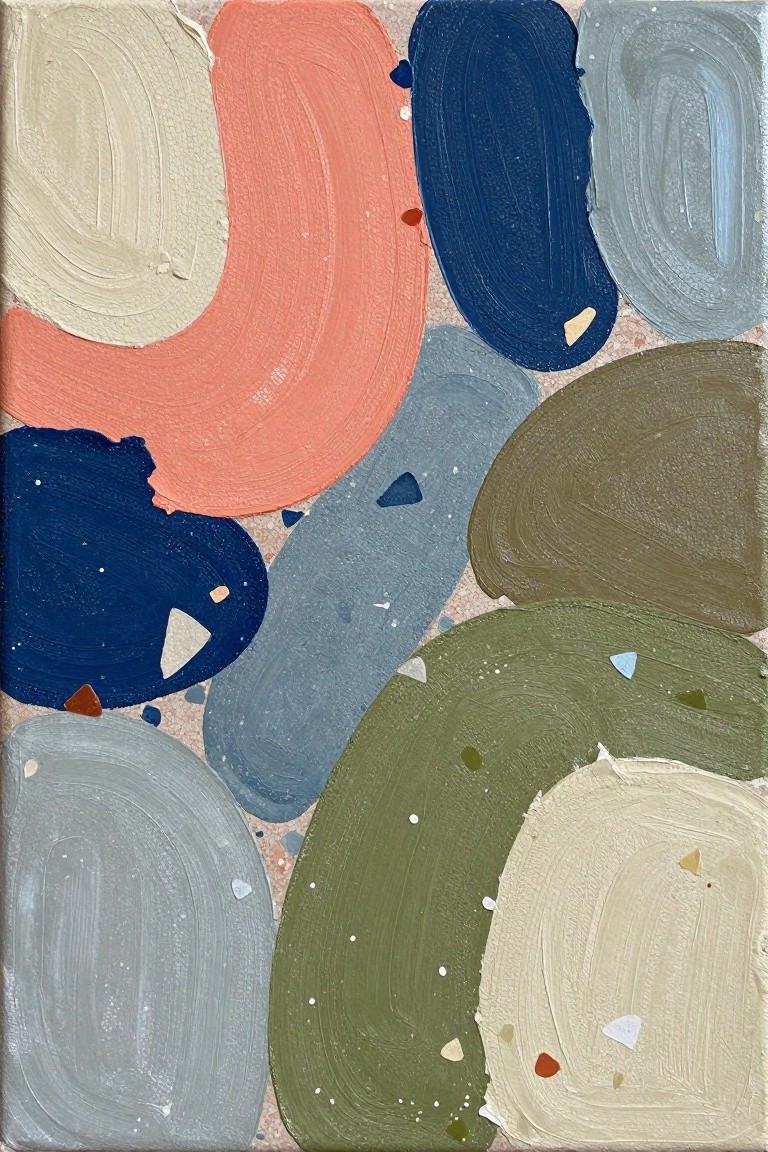 Abstract painting with overlapping curved shapes in coral, blue, green, and beige.