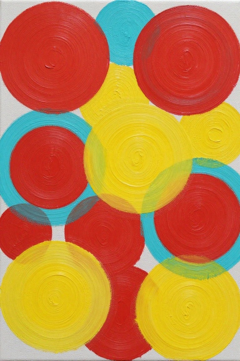 Abstract artwork with overlapping red, yellow, and cyan swirling circles on canvas.