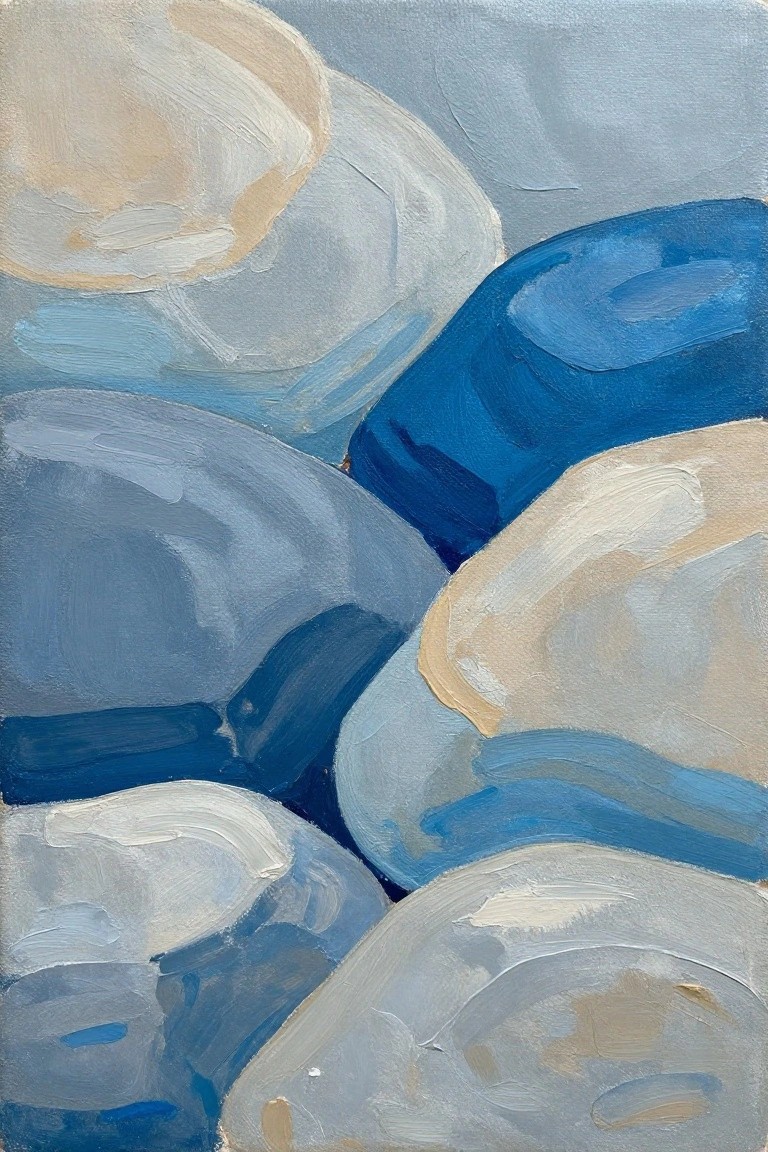 Abstract painting of overlapping rounded shapes in blue, white, gray, and beige with brushstrokes.