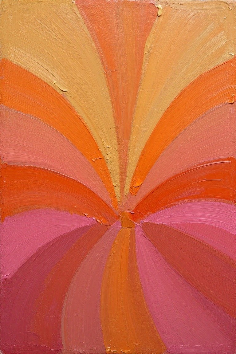 Abstract painting with radiating curved brushstrokes in warm orange and pink hues.