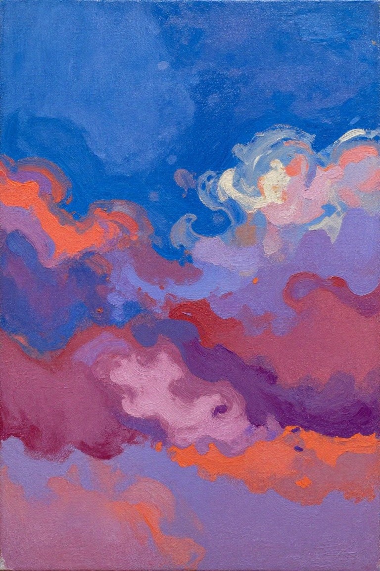 Vivid abstract painting of swirling clouds in blue, purple, orange, and pink hues