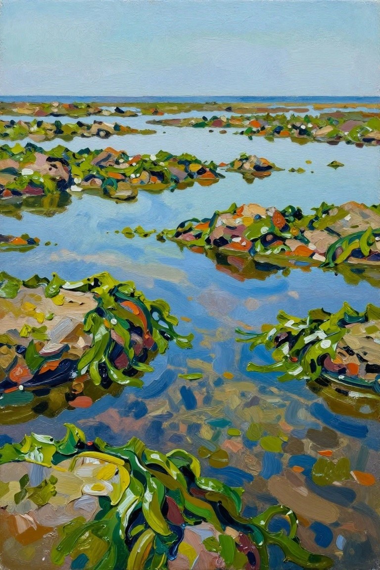 Vivid painting of colorful rocky islets scattered across reflective blue waters